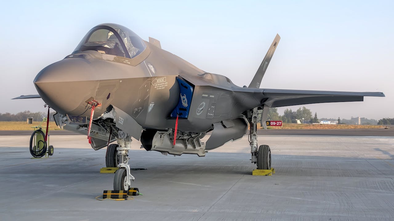 Sleek fighter jet on display at an air show in Bengaluru, India.